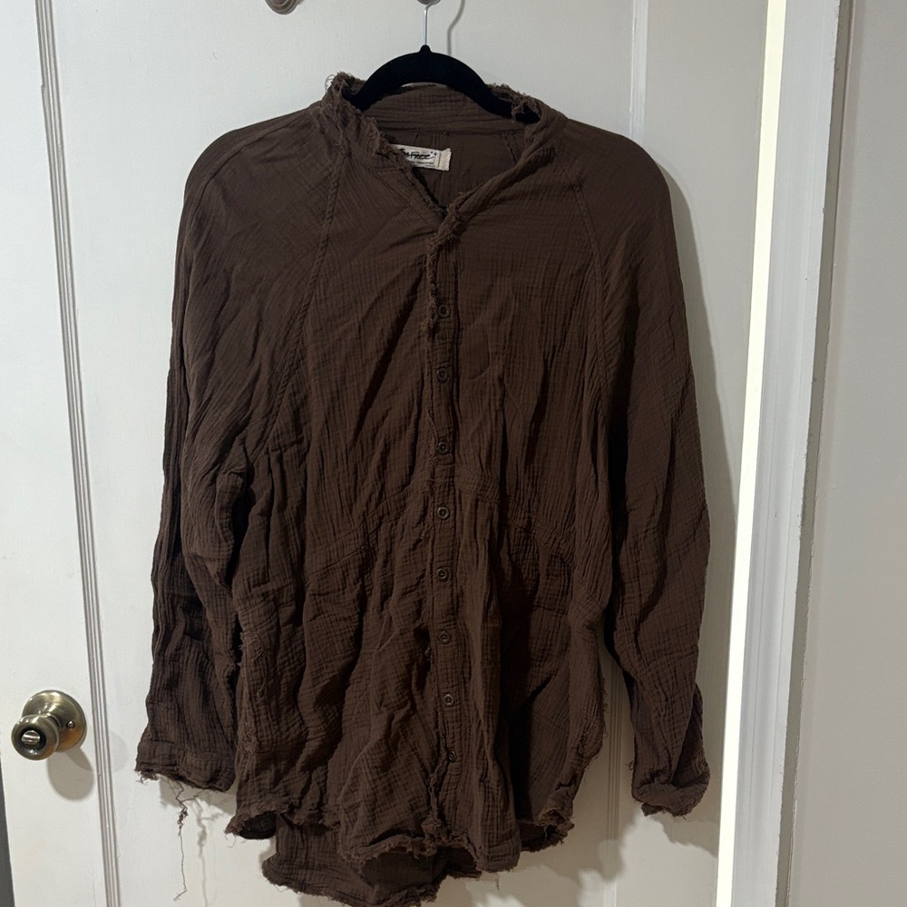 We The Free Brown Button Down Shirt - distressed and oversized style